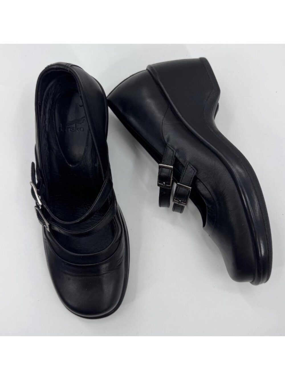 Dansko Babette Black Leather Double-Strap Mary Jane Wedge Shoes Size 37 EU 6.5 -